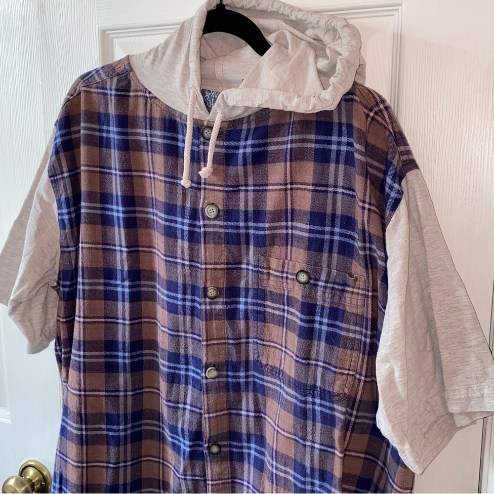 Vintage 90's Plaid Hooded Short Sleeve Flannel T-shirt - Picture 5 of 7